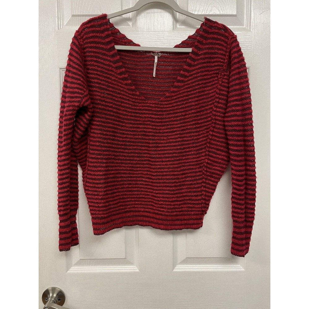 Free People Bumblebee Red Striped V-Neck Linen Wool Sweater XS